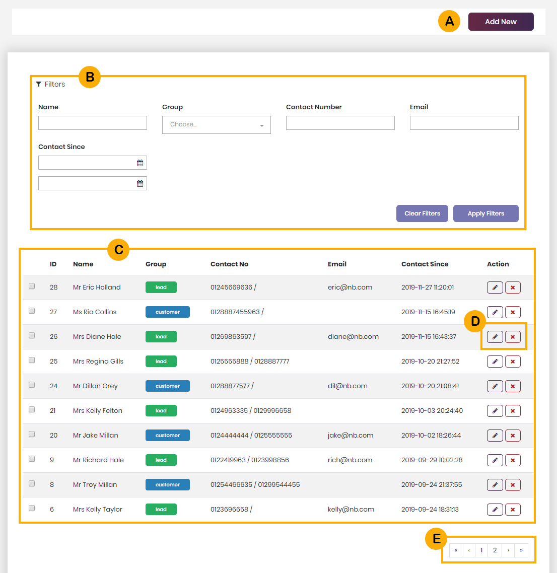 Screenshot of customer management interface