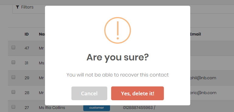 Screenshot of contact deletion confirmation popup