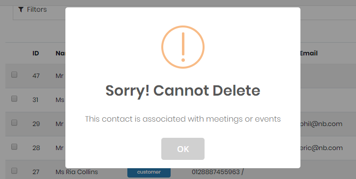 Screenshot of contact deletion restriction notification popup